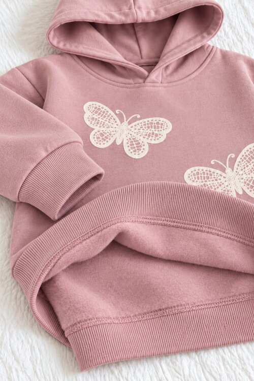 Pembe Kız Çocuk Kelebek Nakışlı Şardonlu Kapüşonlu Sweatshirt  25028