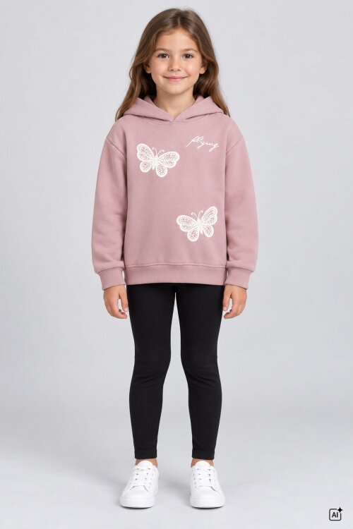 Pembe Kız Çocuk Kelebek Nakışlı Şardonlu Kapüşonlu Sweatshirt  25028