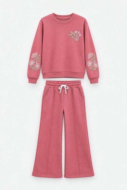 Pembe Kız Çocuk Kolları Çiçek Nakışlı 3 İplik Şardonlu Geniş Paça Eşofman Takımı 25004
