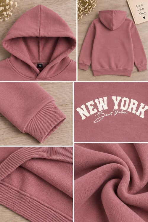 Pembe Kız Çocuk New York Baskılı 3 İplik Kapüşonlu Sweatshirt 24990