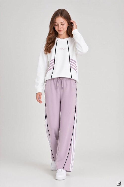 Pembe Kız Çocuk Şeritli Sweatshirt Geniş Paça Eşofman Takımı  24681