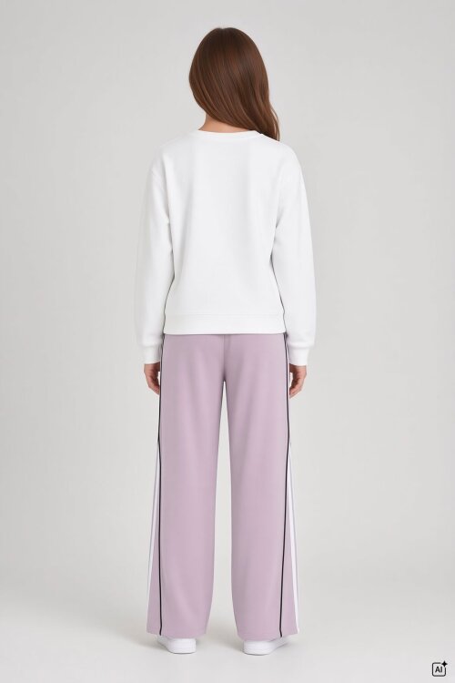 Pembe Kız Çocuk Şeritli Sweatshirt Geniş Paça Eşofman Takımı  24681