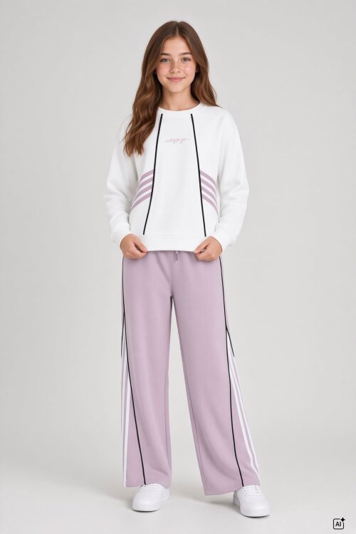Pembe Kız Çocuk Şeritli Sweatshirt Geniş Paça Eşofman Takımı  24681