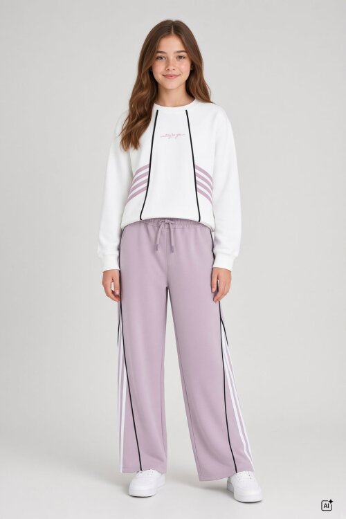 Pembe Kız Çocuk Şeritli Sweatshirt Geniş Paça Eşofman Takımı  24681