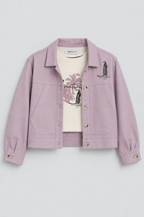 Pembe Kız Çocuk Sırtı Baskı Detaylı Badili Gabardin Ceket 24537