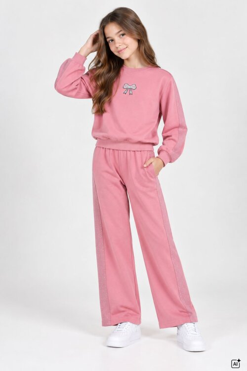 Pembe Kız Çocuk Yanları İşlemeli Detaylı Geniş Paça Eşofman Takımı 24970