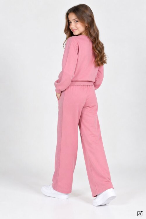 Pembe Kız Çocuk Yanları İşlemeli Detaylı Geniş Paça Eşofman Takımı 24970