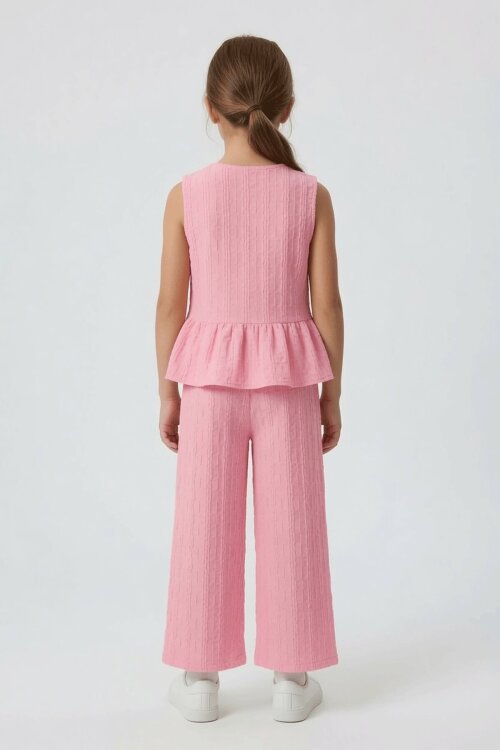 Pembe Sıfır Kol Fiyonklu Bluz Geniş Paça Pantolonlu Kız Çocuk 2li Takım  24712