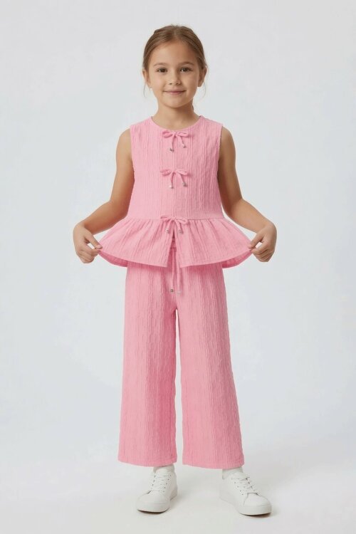 Pembe Sıfır Kol Fiyonklu Bluz Geniş Paça Pantolonlu Kız Çocuk 2li Takım  24712