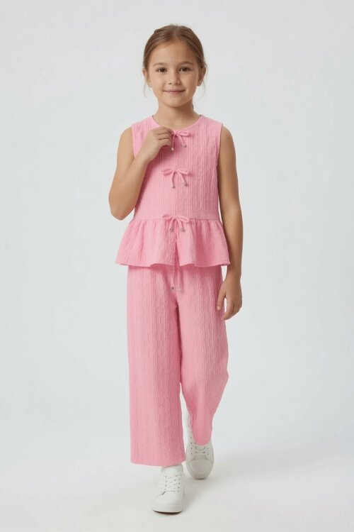 Pembe Sıfır Kol Fiyonklu Bluz Geniş Paça Pantolonlu Kız Çocuk 2li Takım  24712