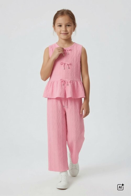 Pembe Sıfır Kol Fiyonklu Bluz Geniş Paça Pantolonlu Kız Çocuk 2li Takım  24712
