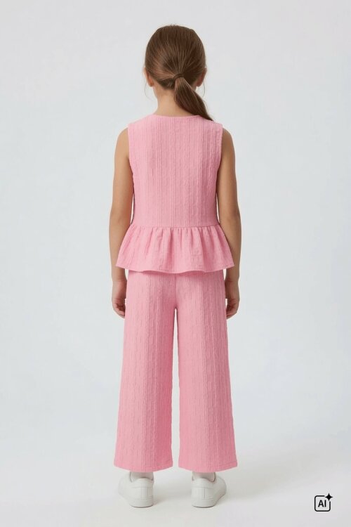 Pembe Sıfır Kol Fiyonklu Bluz Geniş Paça Pantolonlu Kız Çocuk 2li Takım  24712