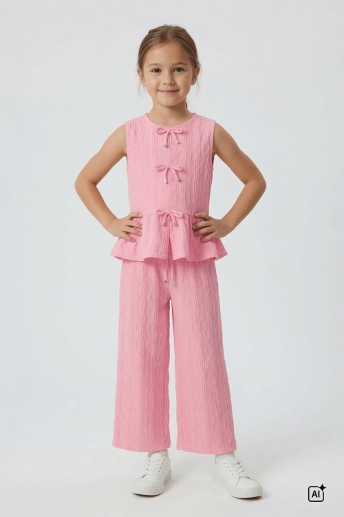 Pembe Sıfır Kol Fiyonklu Bluz Geniş Paça Pantolonlu Kız Çocuk 2li Takım  24712