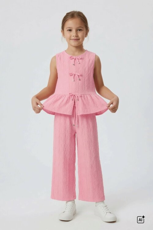 Pembe Sıfır Kol Fiyonklu Bluz Geniş Paça Pantolonlu Kız Çocuk 2li Takım  24712