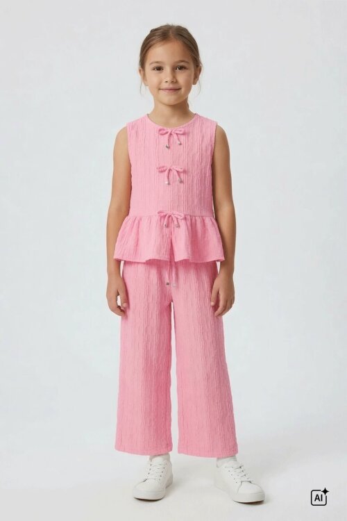 Pembe Sıfır Kol Fiyonklu Bluz Geniş Paça Pantolonlu Kız Çocuk 2li Takım  24712