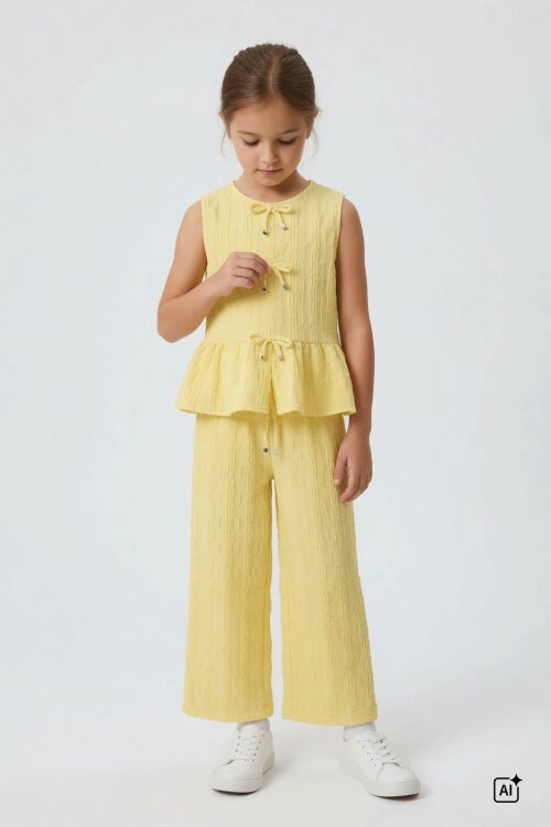 Sarı Sıfır Kol Fiyonklu Bluz Geniş Paça Pantolonlu Kız Çocuk 2li Takım  24714