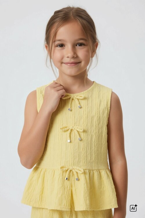 Sarı Sıfır Kol Fiyonklu Bluz Geniş Paça Pantolonlu Kız Çocuk 2li Takım  24714