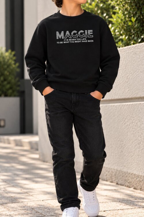 Siyah Erkek Çocuk Yazı Baskılı Bisiklet Yaka Şardonlu Uzun Kol Sweatshirt 24963