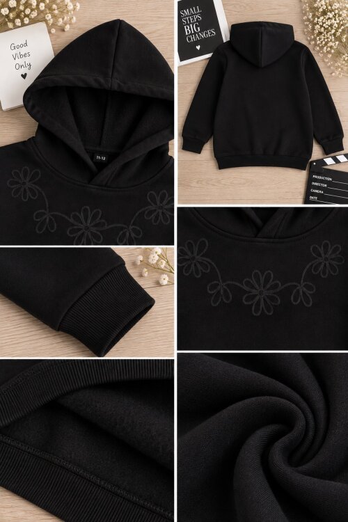 Siyah Kız Çocuk Çiçek Nakışlı Kapüşonlu 3 İplik Sweatshirt 24983