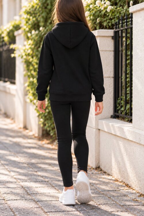 Siyah Kız Çocuk Çiçek Nakışlı Kapüşonlu 3 İplik Sweatshirt 24983