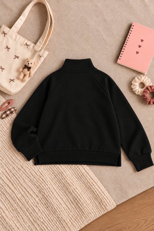 Siyah Kız Çocuk Çin Düğmeli Fermuar Yaka Uzun Kol Sweatshirt 25118