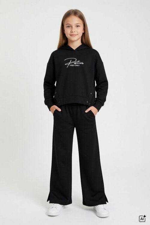 Siyah Kız Çocuk Çıtçıt Detaylı Kabartmalı Sweatshirt Geniş Paça 2li Eşofman Takımı 24762