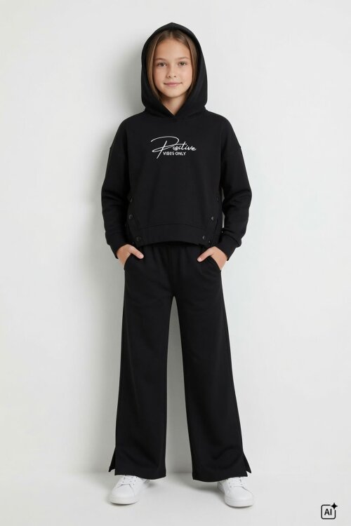 Siyah Kız Çocuk Çıtçıt Detaylı Kabartmalı Sweatshirt Geniş Paça 2li Eşofman Takımı 24762