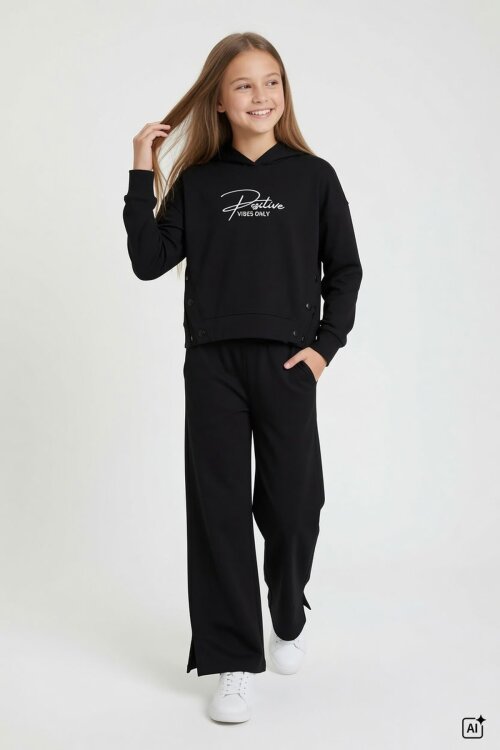 Siyah Kız Çocuk Çıtçıt Detaylı Kabartmalı Sweatshirt Geniş Paça 2li Eşofman Takımı 24762