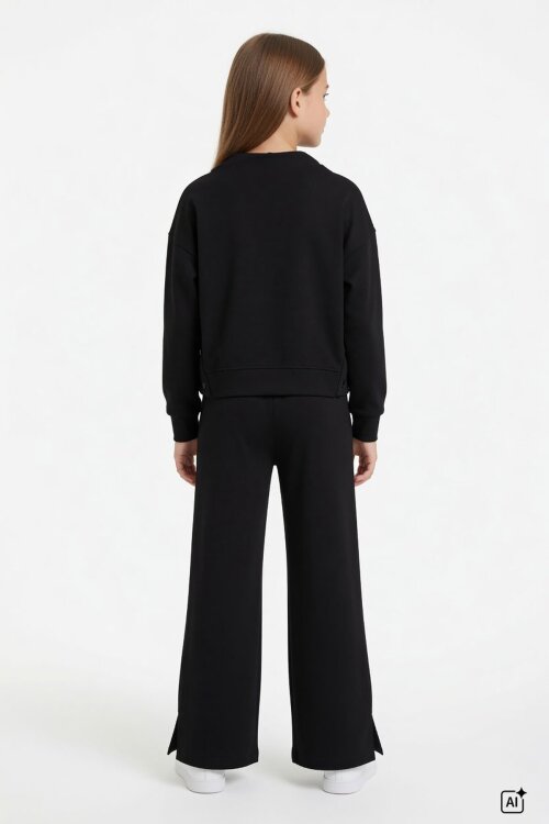 Siyah Kız Çocuk Çıtçıt Detaylı Kabartmalı Sweatshirt Geniş Paça 2li Eşofman Takımı 24762