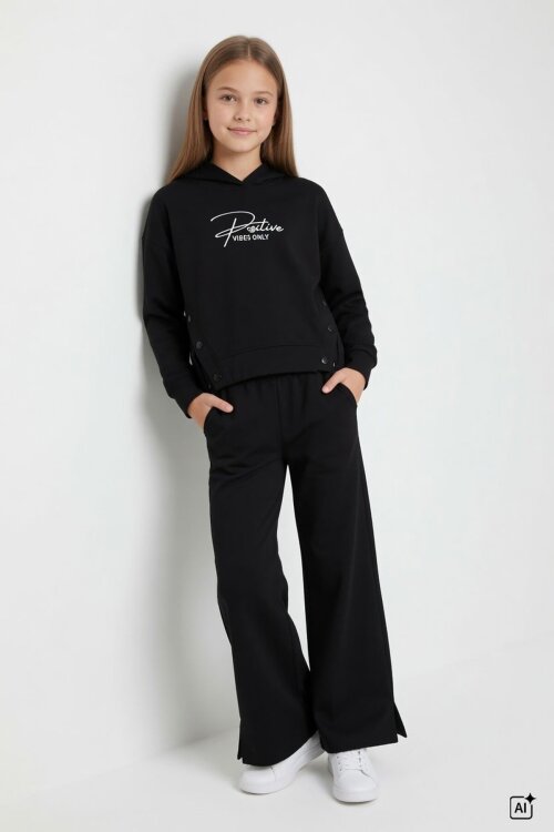 Siyah Kız Çocuk Çıtçıt Detaylı Kabartmalı Sweatshirt Geniş Paça 2li Eşofman Takımı 24762