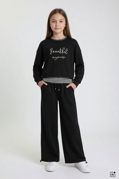 Siyah Kız Çocuk Çizgili Croplu Sweatshirt 3lü Geniş Paça Eşofman Takımı 24775