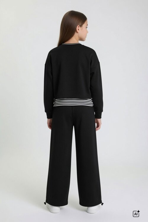 Siyah Kız Çocuk Çizgili Croplu Sweatshirt 3lü Geniş Paça Eşofman Takımı 24775