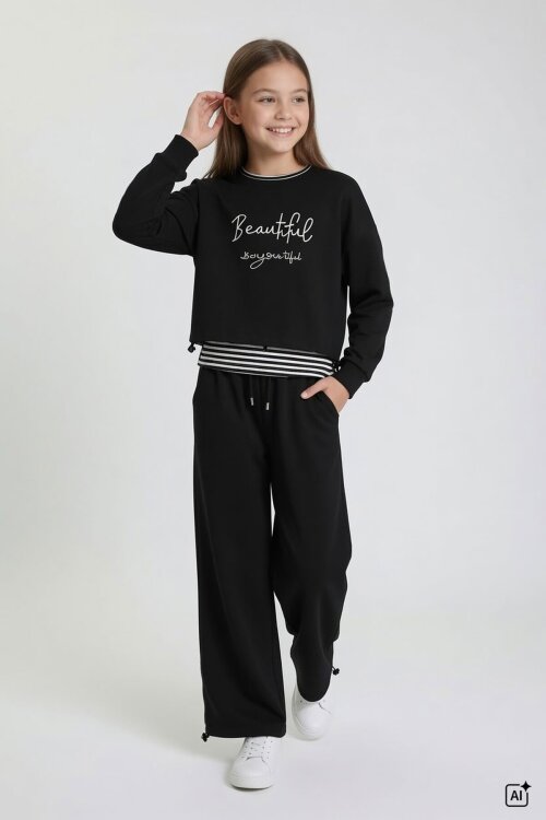Siyah Kız Çocuk Çizgili Croplu Sweatshirt 3lü Geniş Paça Eşofman Takımı 24775