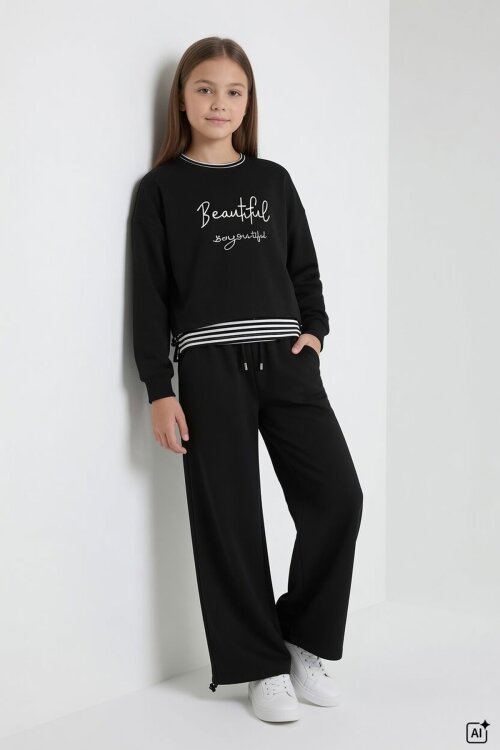 Siyah Kız Çocuk Çizgili Croplu Sweatshirt 3lü Geniş Paça Eşofman Takımı 24775