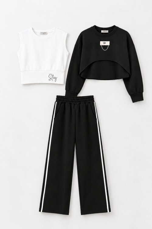 Siyah Kız Çocuk Crop Badili Zincir Detaylı Geniş Paça 3lü Takım 24998