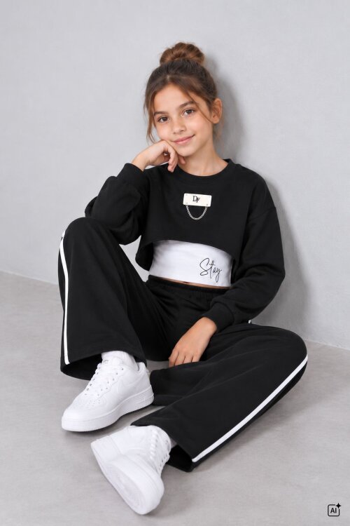 Siyah Kız Çocuk Crop Badili Zincir Detaylı Geniş Paça 3lü Takım 24998