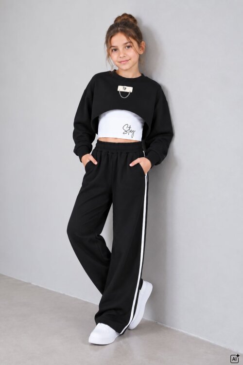Siyah Kız Çocuk Crop Badili Zincir Detaylı Geniş Paça 3lü Takım 24998