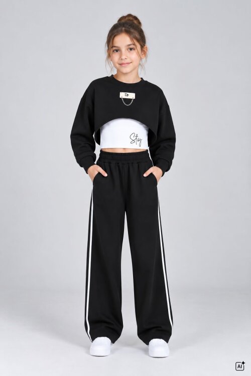 Siyah Kız Çocuk Crop Badili Zincir Detaylı Geniş Paça 3lü Takım 24998