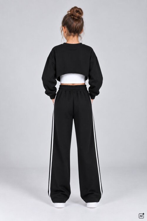 Siyah Kız Çocuk Crop Badili Zincir Detaylı Geniş Paça 3lü Takım 24998