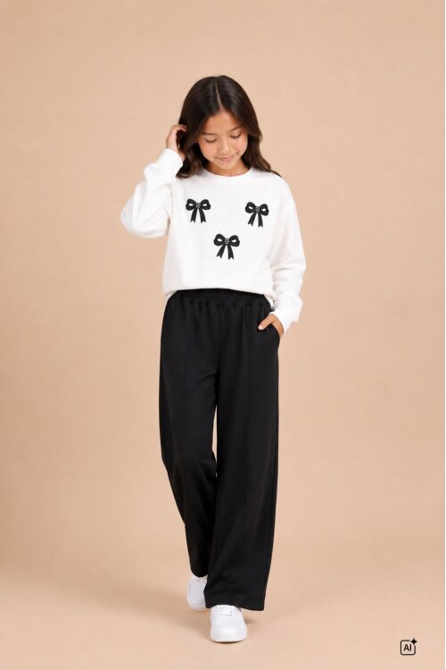 Siyah Kız Çocuk Fiyonk Desenli Sweatshirt Geniş Paça Eşofman Takımı 24823