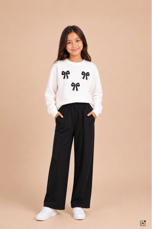 Siyah Kız Çocuk Fiyonk Desenli Sweatshirt Geniş Paça Eşofman Takımı 24823