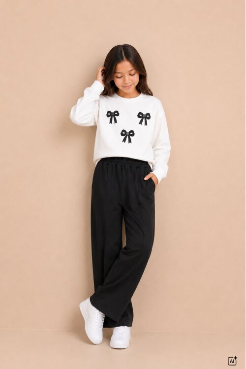 Siyah Kız Çocuk Fiyonk Desenli Sweatshirt Geniş Paça Eşofman Takımı 24823