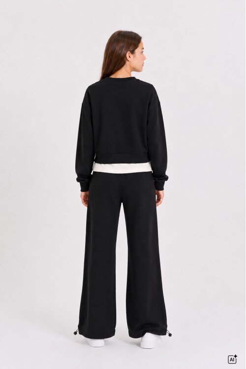 Siyah Kız Çocuk Garnili Sweatshirt Lastikli Paça Eşofmanlı 2li Alt Üst Takım 24766