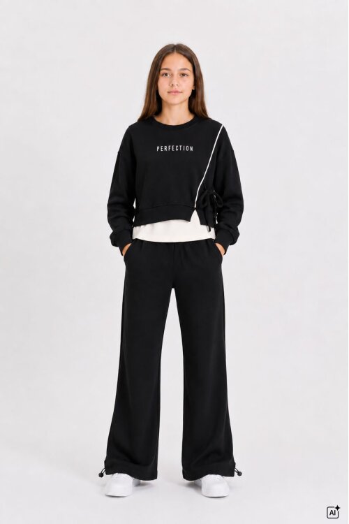 Siyah Kız Çocuk Garnili Sweatshirt Lastikli Paça Eşofmanlı 2li Alt Üst Takım 24766