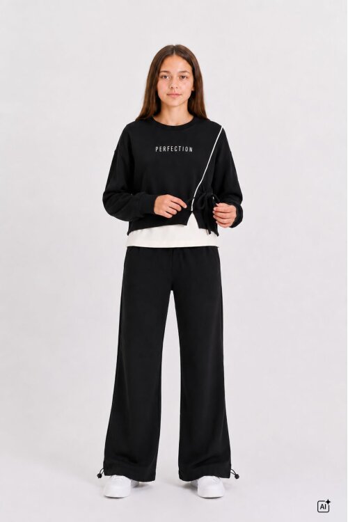 Siyah Kız Çocuk Garnili Sweatshirt Lastikli Paça Eşofmanlı 2li Alt Üst Takım 24766