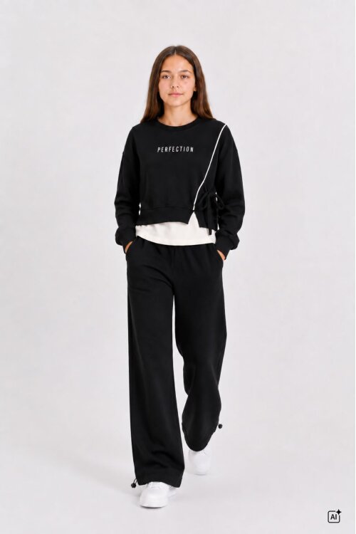 Siyah Kız Çocuk Garnili Sweatshirt Lastikli Paça Eşofmanlı 2li Alt Üst Takım 24766