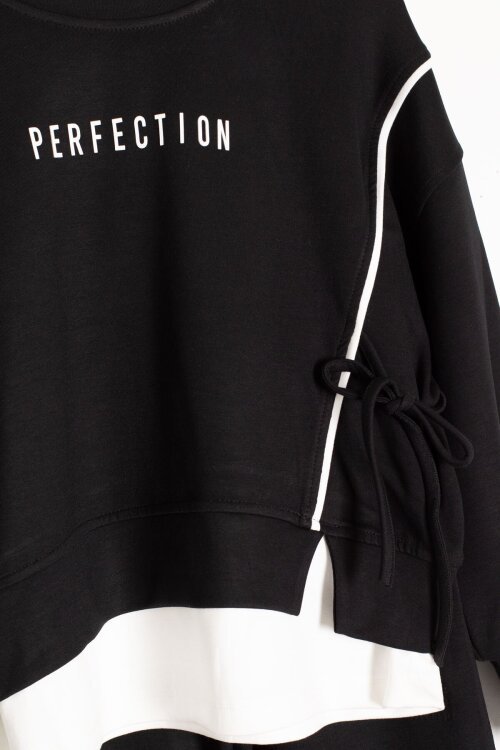 Siyah Kız Çocuk Garnili Sweatshirt Lastikli Paça Eşofmanlı 2li Alt Üst Takım 24766