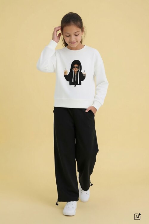 Siyah Kız Çocuk Hoodie Detaylı Sweatshirt Geniş Paça Eşofman Takımı 24779