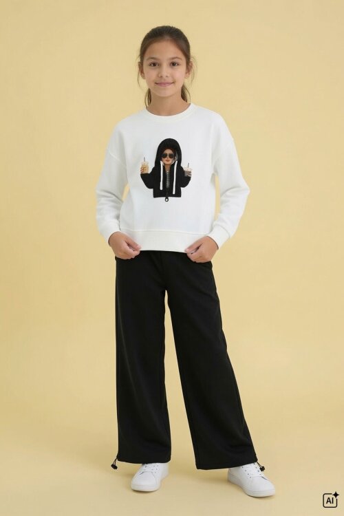 Siyah Kız Çocuk Hoodie Detaylı Sweatshirt Geniş Paça Eşofman Takımı 24779