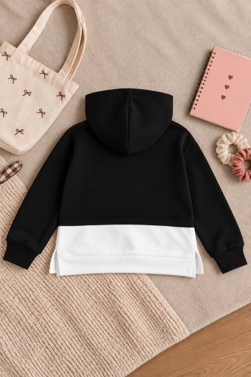Siyah Kız Çocuk İki Renkli Fiyonk Detaylı Kapüşonlu Sweatshirt 25116
